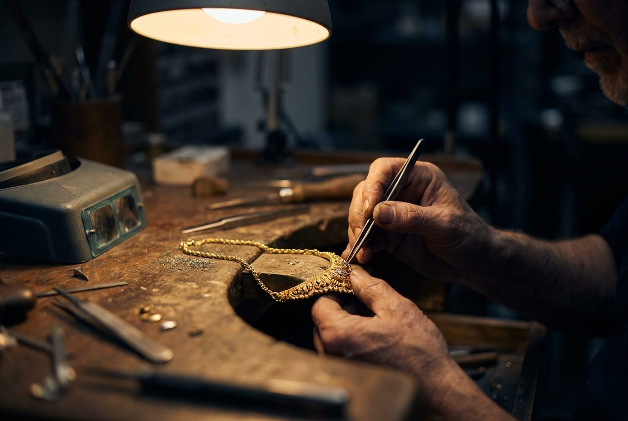 Goldsmith's hands setting stones into a gold necklace